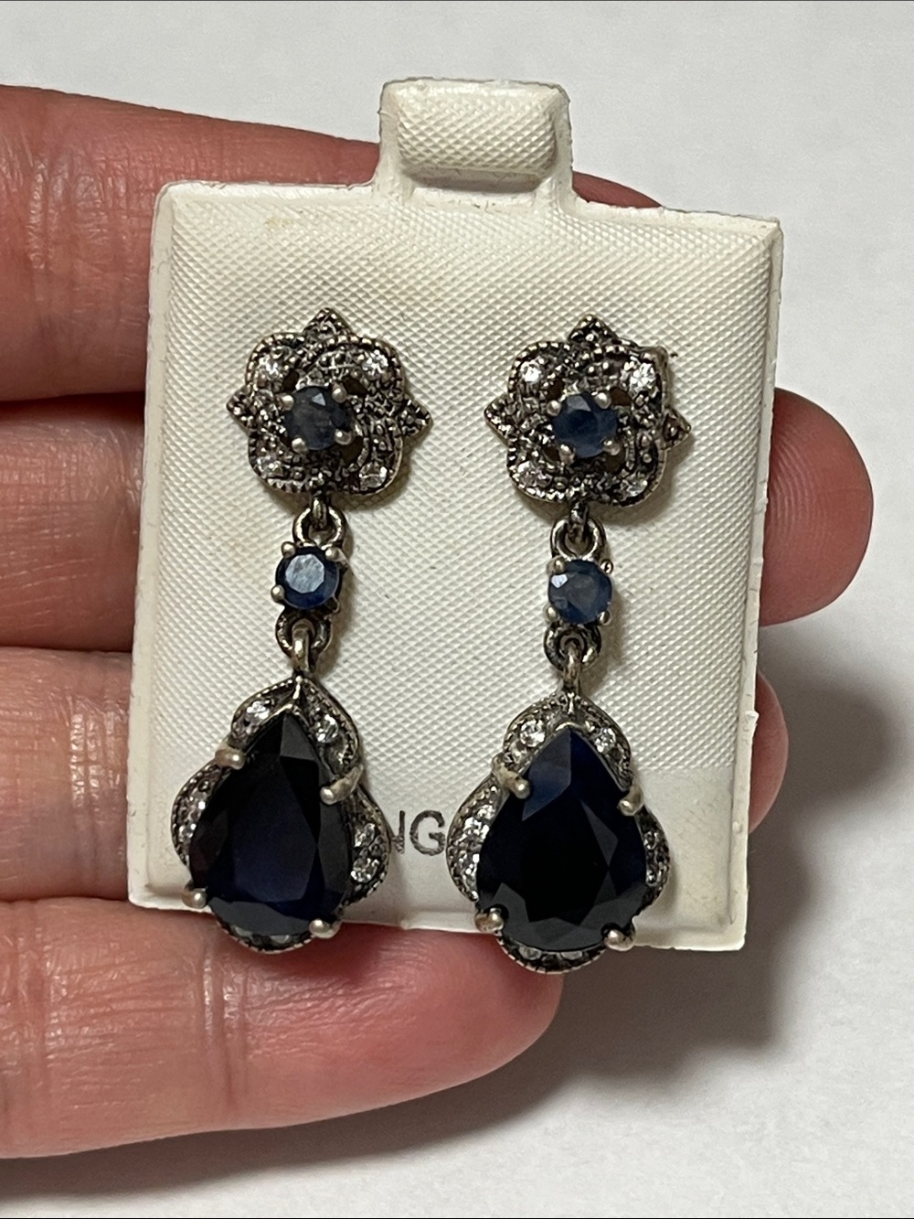 Sterling and Blue Sapphires Teardrop Drop earrings